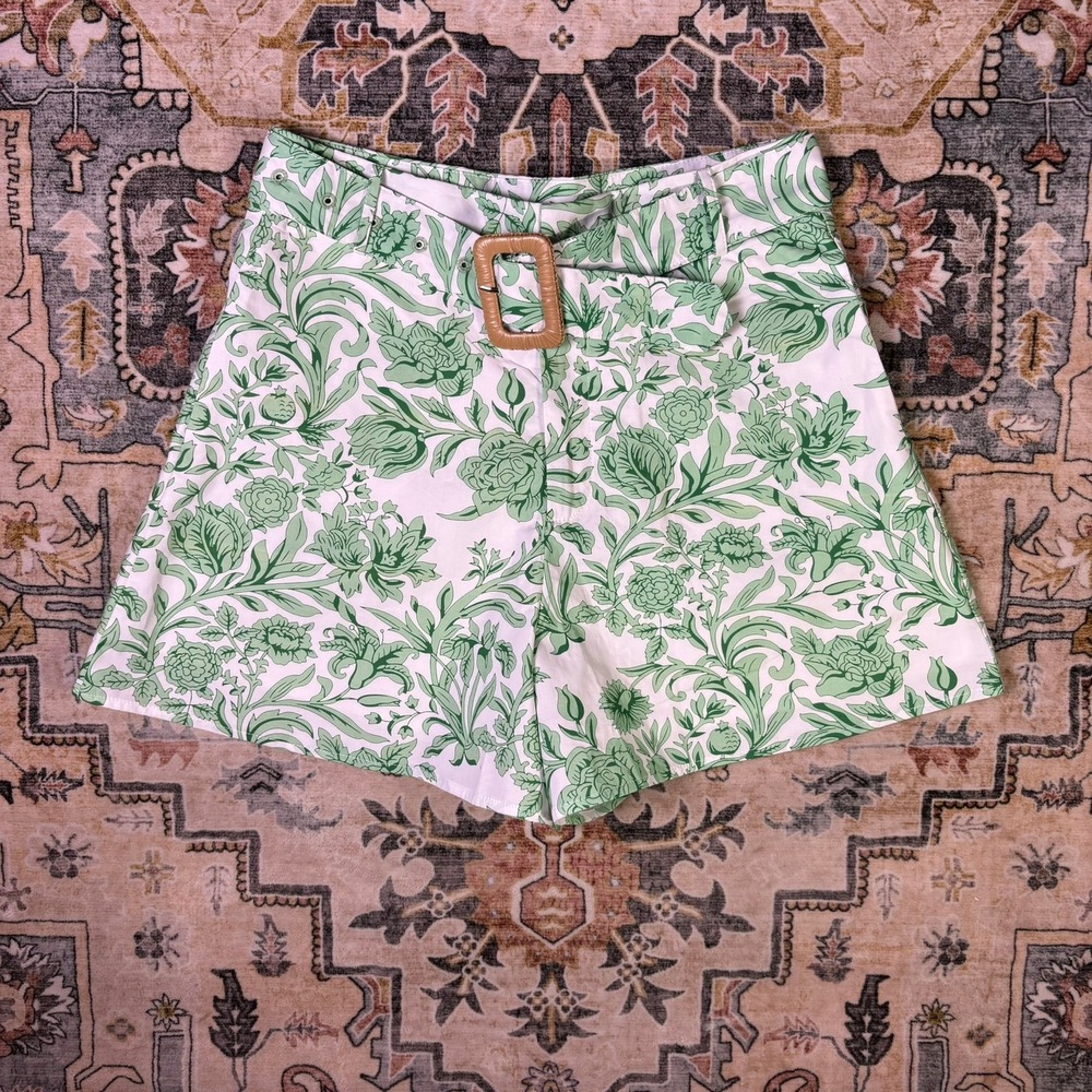 Hyacinth House Tuckernuck Green Floral Toile Belted Shorts Sz S High Rise Raffia